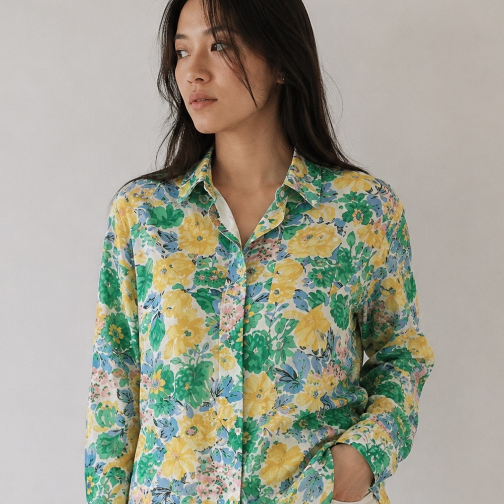 PLAN C Italy Yellow & Green Floral Button-Down Shirt